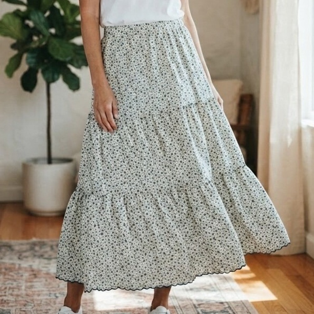 Polo Jeans Co Ralph Lauren Skirt M Floral Tiered Cotton Maxi Scalloped Hem